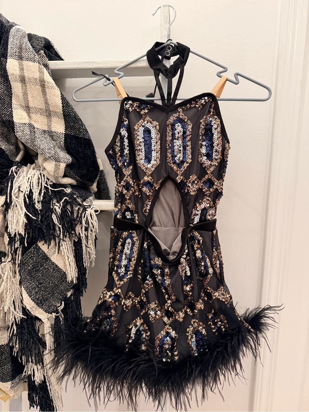 Revolution/Tenth House Girls Black Sequin Dance Costume with Feather Hem